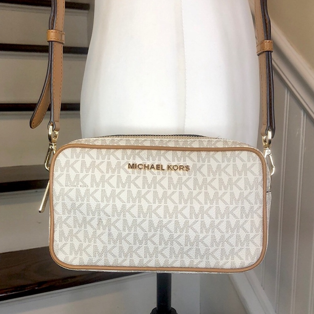 MICHAEL KORS White MK Monogram Jet Set Crossbody Shoulder Bag